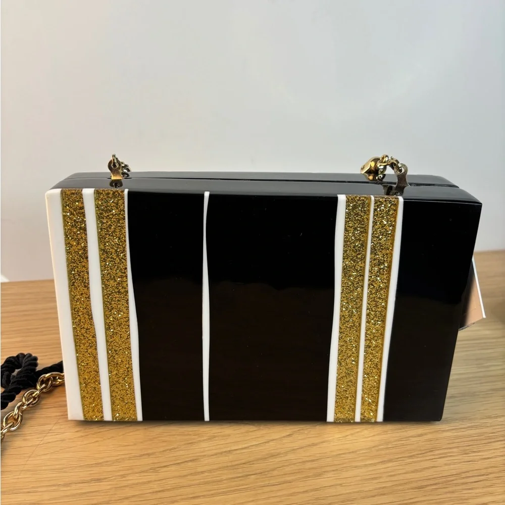 ISTI Acrylic Black White & Gold‎ Glitter Striped Bag NWT Chain/Rope Strap